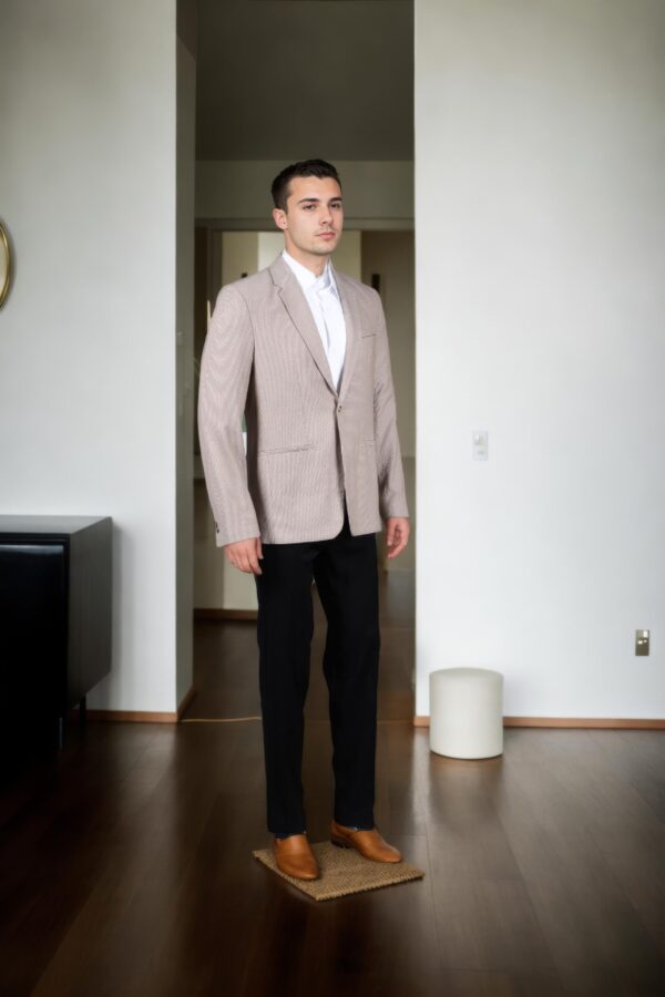 Beige Linen Blazer with Weave Design, Notch Lapel Collar, Double-Button Closure, Flap & Chest Welt Pockets, Attached Lining, and Double-Vented Back Hem - Image 4