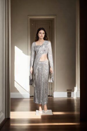Sparkling Silver Sequin Pleated Saree with Square Neckline Blouse & Beadwork - Glamorous Ready-to-Wear Style