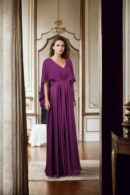 Chic Purple Polyester Western Gown with Round Neckline, Designer Sleeves & Pleated Work Details - Perfect for Evening Events & Parties