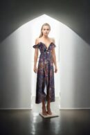 High-Low Multicoloured Off-Shoulder Gown with Deep Neck, Ruffles & Back Opening - Elegant Evening Wear