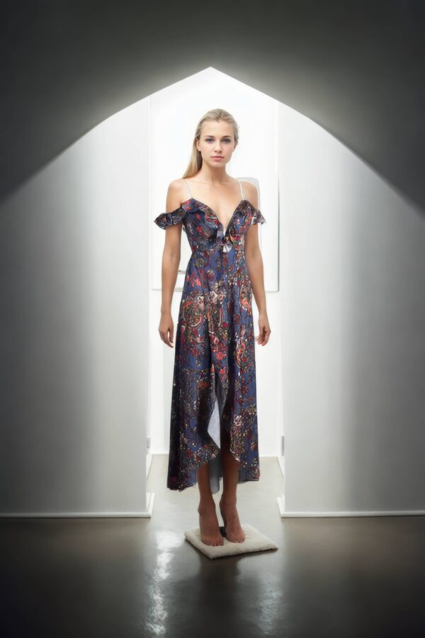 High-Low Multicoloured Off-Shoulder Gown with Deep Neck, Ruffles & Back Opening - Elegant Evening Wear - Image 4