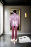 Pink Georgette Suit with Vertical Sequin & Self-Thread Work Design - Peak Lapel Collar, Full Sleeves & A-Line Pants
