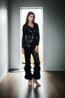 Black Sequin and Feather Detail Jumpsuit with V-Neckline - Glamorous Evening Wear for Special Events