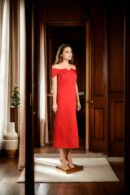 Off-Shoulder Princess Cut A-Line Gown with Padded Design, Side Slit, and Back Opening ? Elegant Evening Wear
