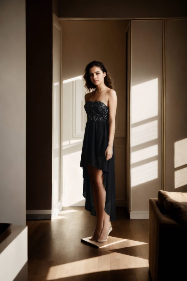 Strapless High-Low Gown with Sequin Detailing and Sweetheart Neckline - Elegant Evening Wear - Image 2
