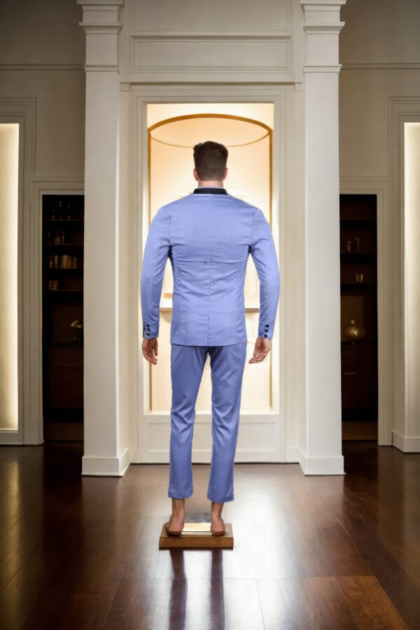 Sophisticated Satin Black Shawl Collar Blue Suit Set - Perfect for Weddings &- Formal Events - Image 3