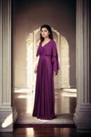 Chic Purple Polyester Western Gown with Round Neckline, Designer Sleeves & Pleated Work Details - Perfect for Evening Events & Parties