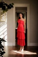 Red One-Shoulder Gown with 4-Layered Frills and Back Zip Opening - Elegant Evening Wear