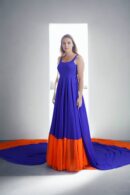 Stunning Blue and Orange Georgette Gown with Flowing Long Trail - Elegant Sleeveless Design for Formal Events