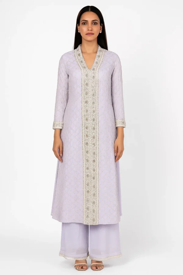 Elegant Lavender Kurti with Mirror and Sequins Embellishments Perfect for Weddings & Festive Occasions