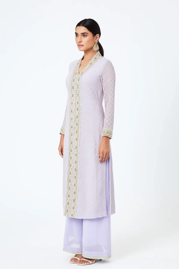 Elegant Lavender Kurti with Mirror and Sequins Embellishments Perfect for Weddings & Festive Occasions - Image 3