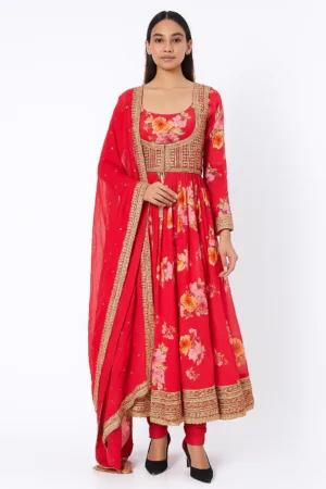 Pink Base Pink, Peach & Orange Floral Print Full-Sleeve Long Anarkali with Big Daman Border, Pink Gold Heavy Work Sleeveless Short Jacket, Matching Chudidar, and Dupatta with Gold Border AKS Set (4-Piece)