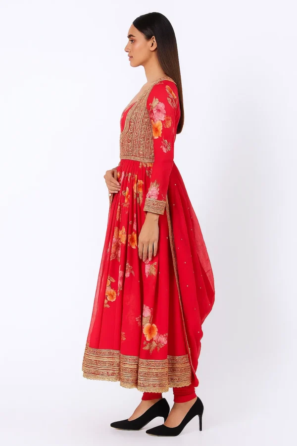 Pink Base Pink, Peach & Orange Floral Print Full-Sleeve Long Anarkali with Big Daman Border, Pink Gold Heavy Work Sleeveless Short Jacket, Matching Chudidar, and Dupatta with Gold Border AKS Set (4-Piece) - Image 3