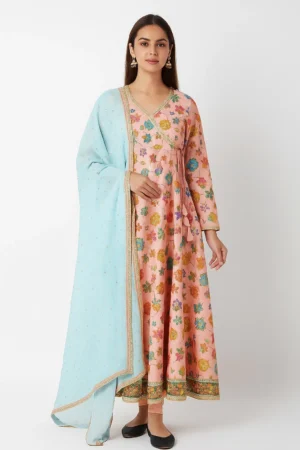 Women's Baby Pink Top – All-Over Multicolor Thread Floral Embroidery with V-Neck, Full Sleeves, and Decorative Latkan Detailin