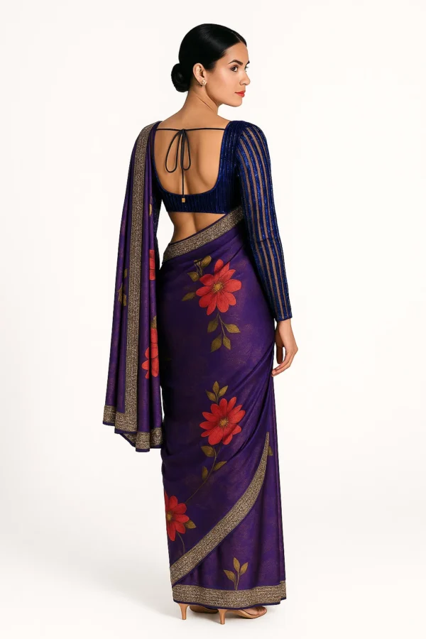 Navy Blue Sequin Blouse with Silk Floral Print Saree A Regal Ensemble for Weddings & Grand Occasions - Image 3