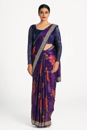 Navy Blue Sequin Blouse with Silk Floral Print Saree A Regal Ensemble for Weddings & Grand Occasions