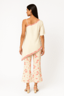 Luxurious White Satin Indo-Western Dress with Colorful Embroidery & Sequin Work, One-Shoulder Sleeveless Design, Knee-Length, and Embroidered Straight Plazo with Side Zip Perfect for Festive Occasions