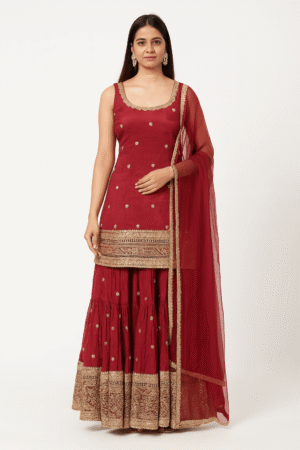 Dark Maroon High-Neck Cut Sleeve Short Kurti with Gold Butti and Big Border, Matching Ghaghra Pant with Gold Sequin Work, and Net Dupatta with Gold Border (3-Piece Set)