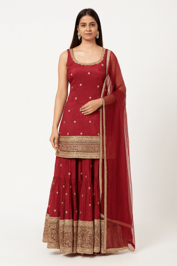 Dark Maroon High-Neck Cut Sleeve Short Kurti with Gold Butti and Big Border, Matching Ghaghra Pant with Gold Sequin Work, and Net Dupatta with Gold Border (3-Piece Set)