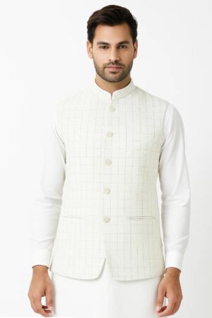 Men's White, Cream & Black Checkered Sleeveless Nehru Jacket