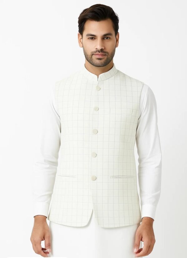 Men's White, Cream & Black Checkered Sleeveless Nehru Jacket