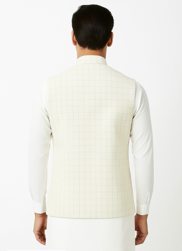 Men's White, Cream & Black Checkered Sleeveless Nehru Jacket - Image 2