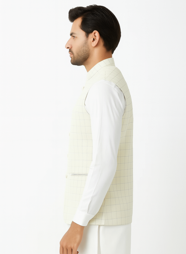 Men's White, Cream & Black Checkered Sleeveless Nehru Jacket - Image 3