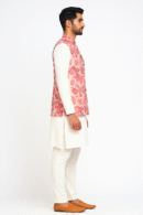 Pink Georgette Jacket with Floral Print, Gold Zari Embroidery & Sequins Work Sleeveless, Front Open, Long Length & Standard Collar