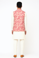 Pink Georgette Jacket with Floral Print, Gold Zari Embroidery & Sequins Work Sleeveless, Front Open, Long Length & Standard Collar