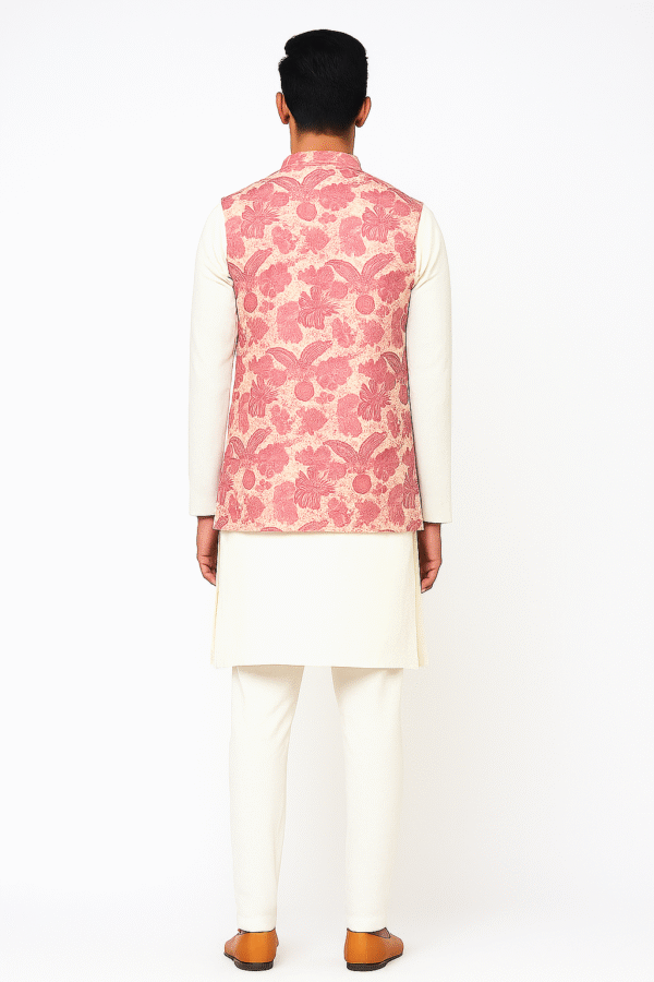 Pink Georgette Jacket with Floral Print, Gold Zari Embroidery & Sequins Work Sleeveless, Front Open, Long Length & Standard Collar - Image 4