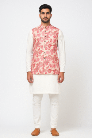 Pink Georgette Jacket with Floral Print, Gold Zari Embroidery & Sequins Work Sleeveless, Front Open, Long Length & Standard Collar