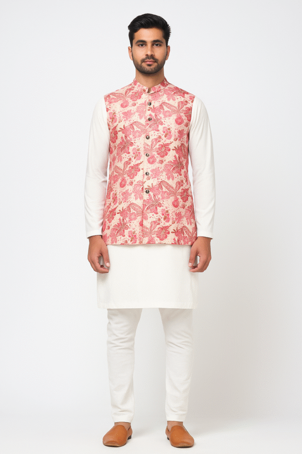 Pink Georgette Jacket with Floral Print, Gold Zari Embroidery & Sequins Work Sleeveless, Front Open, Long Length & Standard Collar