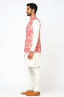 Pink Georgette Jacket with Floral Print, Gold Zari Embroidery & Sequins Work Sleeveless, Front Open, Long Length & Standard Collar