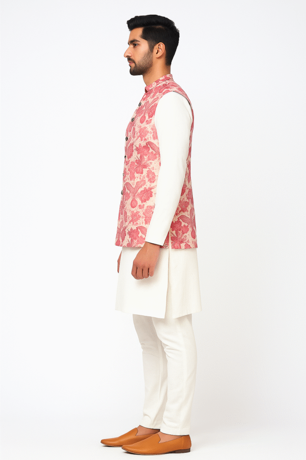 Pink Georgette Jacket with Floral Print, Gold Zari Embroidery & Sequins Work Sleeveless, Front Open, Long Length & Standard Collar - Image 3