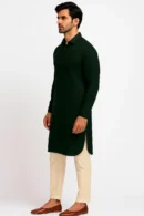 Dark Green Chikankari Design Kurta with Black Sequins and Self-Thread Work, Shirt Collar, Full Sleeves, Long Length Elegant Ethnic Wear for Men