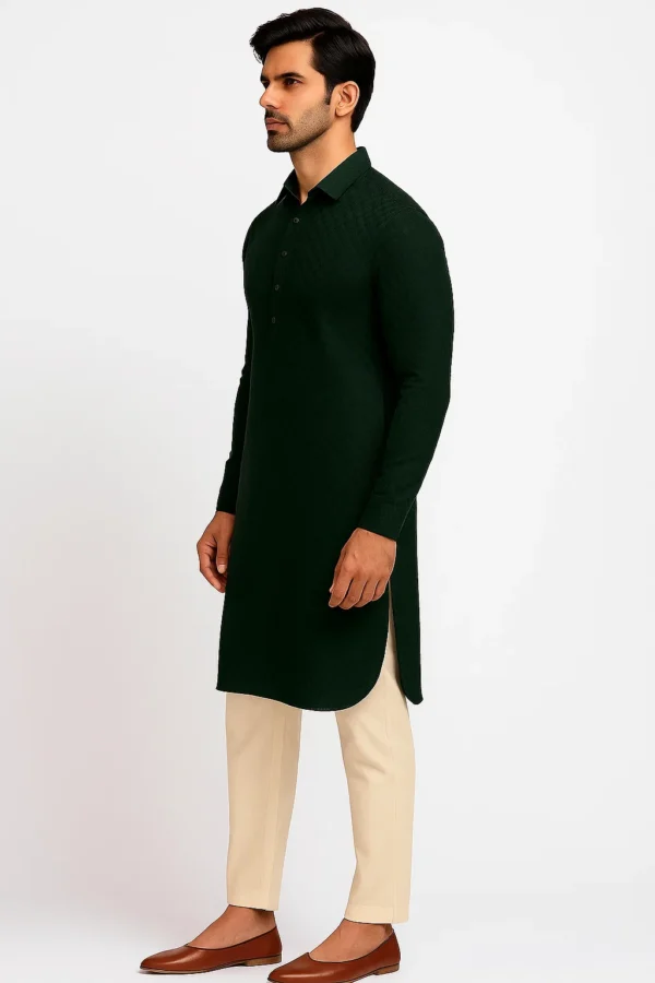 Dark Green Chikankari Design Kurta with Black Sequins and Self-Thread Work, Shirt Collar, Full Sleeves, Long Length Elegant Ethnic Wear for Men - Image 2