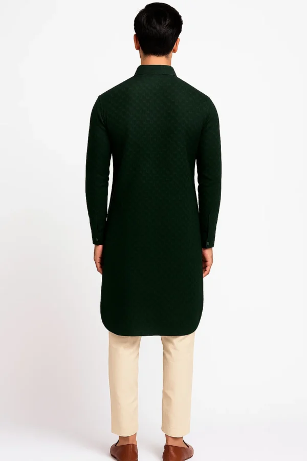 Dark Green Chikankari Design Kurta with Black Sequins and Self-Thread Work, Shirt Collar, Full Sleeves, Long Length Elegant Ethnic Wear for Men - Image 3