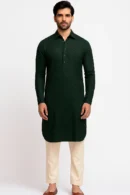 Dark Green Chikankari Design Kurta with Black Sequins and Self-Thread Work, Shirt Collar, Full Sleeves, Long Length Elegant Ethnic Wear for Men