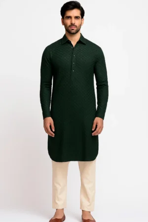 Dark Green Chikankari Design Kurta with Black Sequins and Self-Thread Work, Shirt Collar, Full Sleeves, Long Length Elegant Ethnic Wear for Men