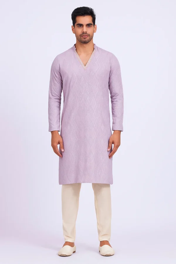 Lavender Georgette Kurta with Self Thread Work and Sequins Design, Full Sleeves, Standard Collar, Short Length Stylish and Elegant Men’s Ethnic Wear
