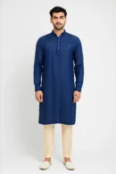 Cotton Blue Plain Kurta with Standard Collar, Full Sleeves, Long Length Comfortable & Versatile Men’s Ethnic Wear for Casual & Formal Occasions