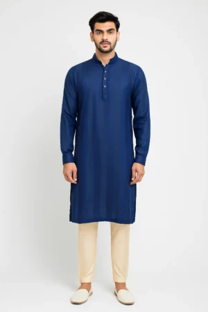 Cotton Blue Plain Kurta with Standard Collar, Full Sleeves, Long Length Comfortable & Versatile Men’s Ethnic Wear for Casual & Formal Occasions