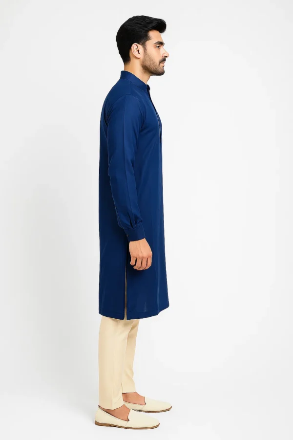 Cotton Blue Plain Kurta with Standard Collar, Full Sleeves, Long Length Comfortable & Versatile Men’s Ethnic Wear for Casual & Formal Occasions - Image 4