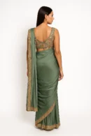 Sea Green Chiffon Saree with Zardozi, Cut Dana, Sequin & Pearl Lace Border Work, Floral Embroidered Sweetheart Neckline Blouse Elegant Bridal & Party Wear