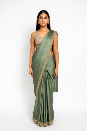 Sea Green Chiffon Saree with Zardozi, Cut Dana, Sequin & Pearl Lace Border Work, Floral Embroidered Sweetheart Neckline Blouse Elegant Bridal & Party Wear