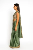 Sea Green Chiffon Saree with Zardozi, Cut Dana, Sequin & Pearl Lace Border Work, Floral Embroidered Sweetheart Neckline Blouse Elegant Bridal & Party Wear