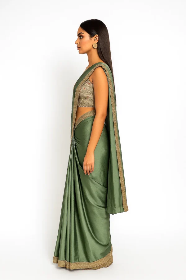 Sea Green Chiffon Saree with Zardozi, Cut Dana, Sequin & Pearl Lace Border Work, Floral Embroidered Sweetheart Neckline Blouse Elegant Bridal & Party Wear - Image 3