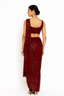 Stunning Dark Maroon Net Saree with Full Horizontal Sequin Work and Beads Lace Design, Round Neckline with Sequin Work & Sleeveless Blouse Perfect for Weddings & Glamorous Occasions