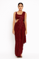 Stunning Dark Maroon Net Saree with Full Horizontal Sequin Work and Beads Lace Design, Round Neckline with Sequin Work & Sleeveless Blouse Perfect for Weddings & Glamorous Occasions