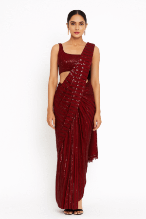 Stunning Dark Maroon Net Saree with Full Horizontal Sequin Work and Beads Lace Design, Round Neckline with Sequin Work & Sleeveless Blouse Perfect for Weddings & Glamorous Occasions